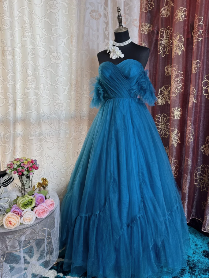 Elegant Peacock Blue Off The Tulle A Line Wedding Guest Dress Long Evening Dress Prom Dress SP1613