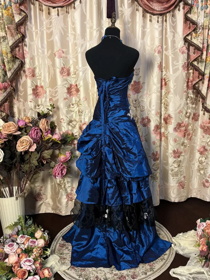 Vintage Strapless Navy Blue Satin Pleated Mermaid Party Dress Long Birthday Prom Dress Evening Gown
