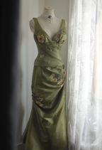 Unique V Neck Green Satin Pleated Floral Mermaid Party Dress Long Evening Gown With Beads