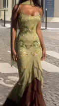 Classy Spaghetti Straps Sage Green Chiffon Beaded Mermaid Long Party Dress Birthday Outfits SP902