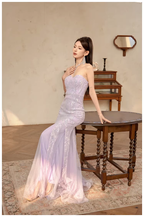 Gorgeous Sweetheart Neck Lavender Tulle Sequin Mermaid Long wedding Guest Dress Formal Evening Dress Prom Gown