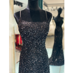 Glitter Mermaid Scoop Neck Black Sequins Long Prom Dresses with Cross Back Y1793