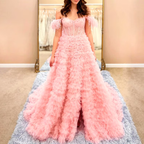 Pink Tulle Ruffled Gown, Off Shoulder Tulle Dress, Tulle Prom Dress, Corset Tulle Ball gown, Graduation Dress c3390