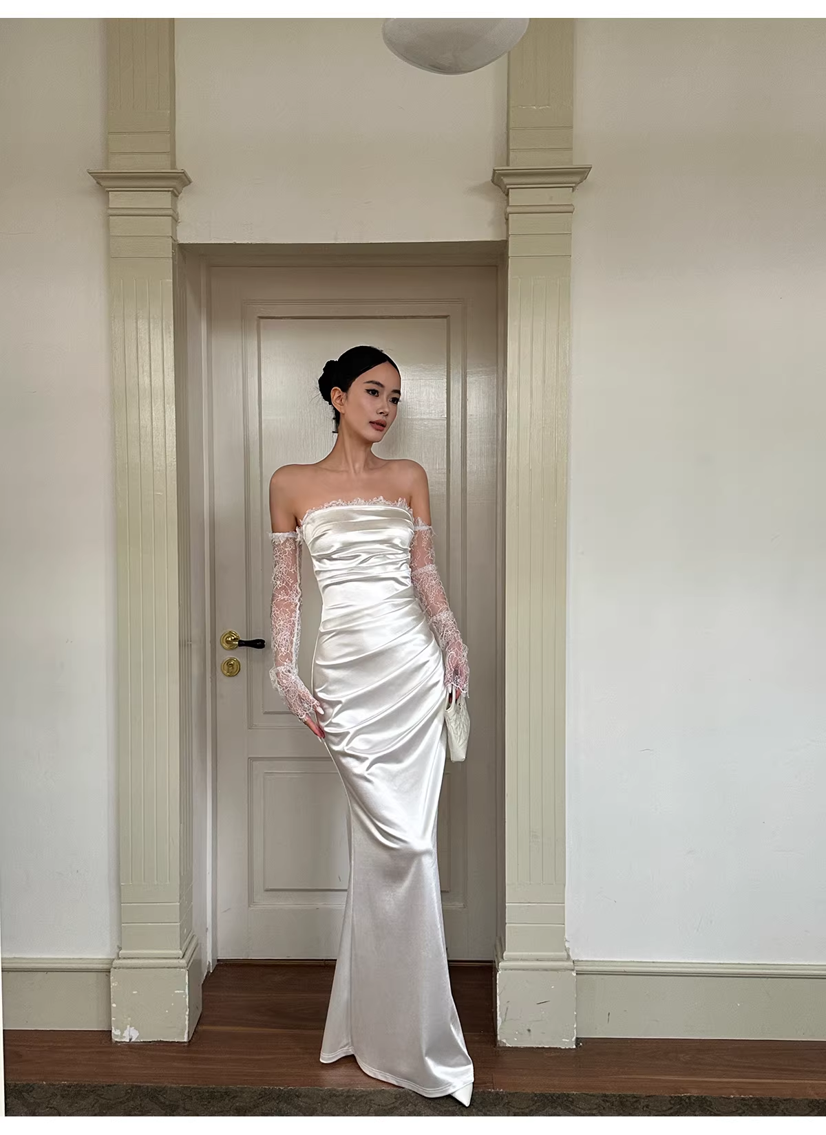Classy White Off The Shoulder Satin Lace Mermaid Long Wedding Guest Dress Formal Evening Dress Prom Gown