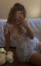 Sparkly Bow Straps White Tulle Sequin A Line Short Graduation Homecoming Dress Formal Homecoming Dress Y9418