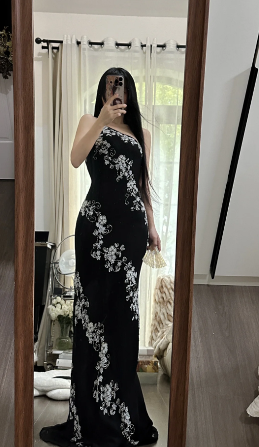Classy One Shoulder Black Chiffon Beaded Mermaid Long Party Dress Evening Gown