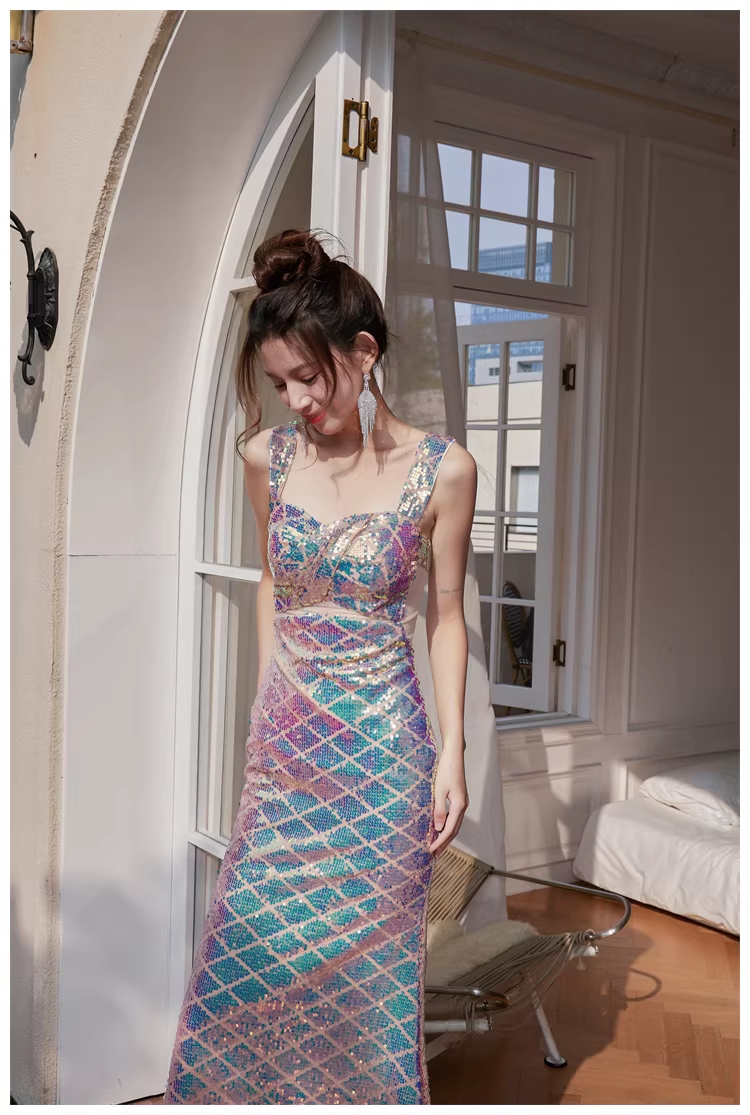 Glitter Spaghetti Straps Sequin Mermaid Long Party Dress Evening Gown With Bow