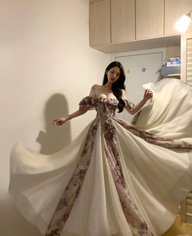 Pretty Off The Shoulder Chiffon Printed Floral A Line Long Party Dress Evening Gown
