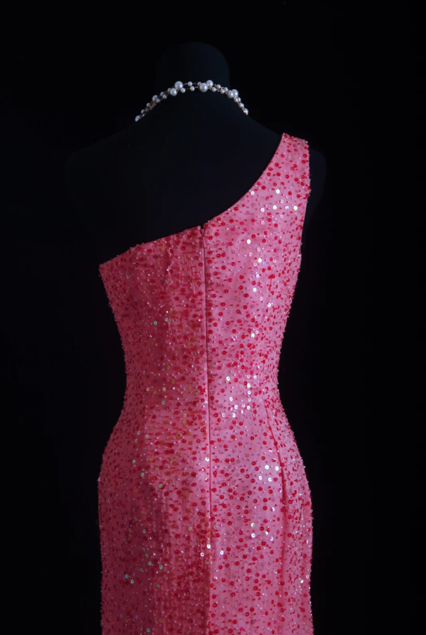 Gorgeous Pink One Shoulder Sequin Beaded Slit Mermaid Long Party Dress Evening Gown