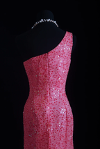 Gorgeous Pink One Shoulder Sequin Beaded Slit Mermaid Long Party Dress Evening Gown