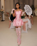 Pretty Pink Spaghetti Straps Print Floral A Line Formal 16th Birthday Outfits Short Homecoming Dress Y9416