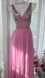 Classy Pink V Neck Chiffon Sequin A Line Long Party Dress Backless Birthday Prom Gown