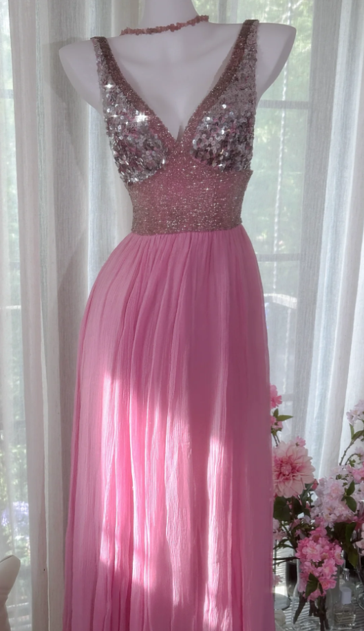 Classy Pink V Neck Chiffon Sequin A Line Long Party Dress Backless Birthday Prom Gown