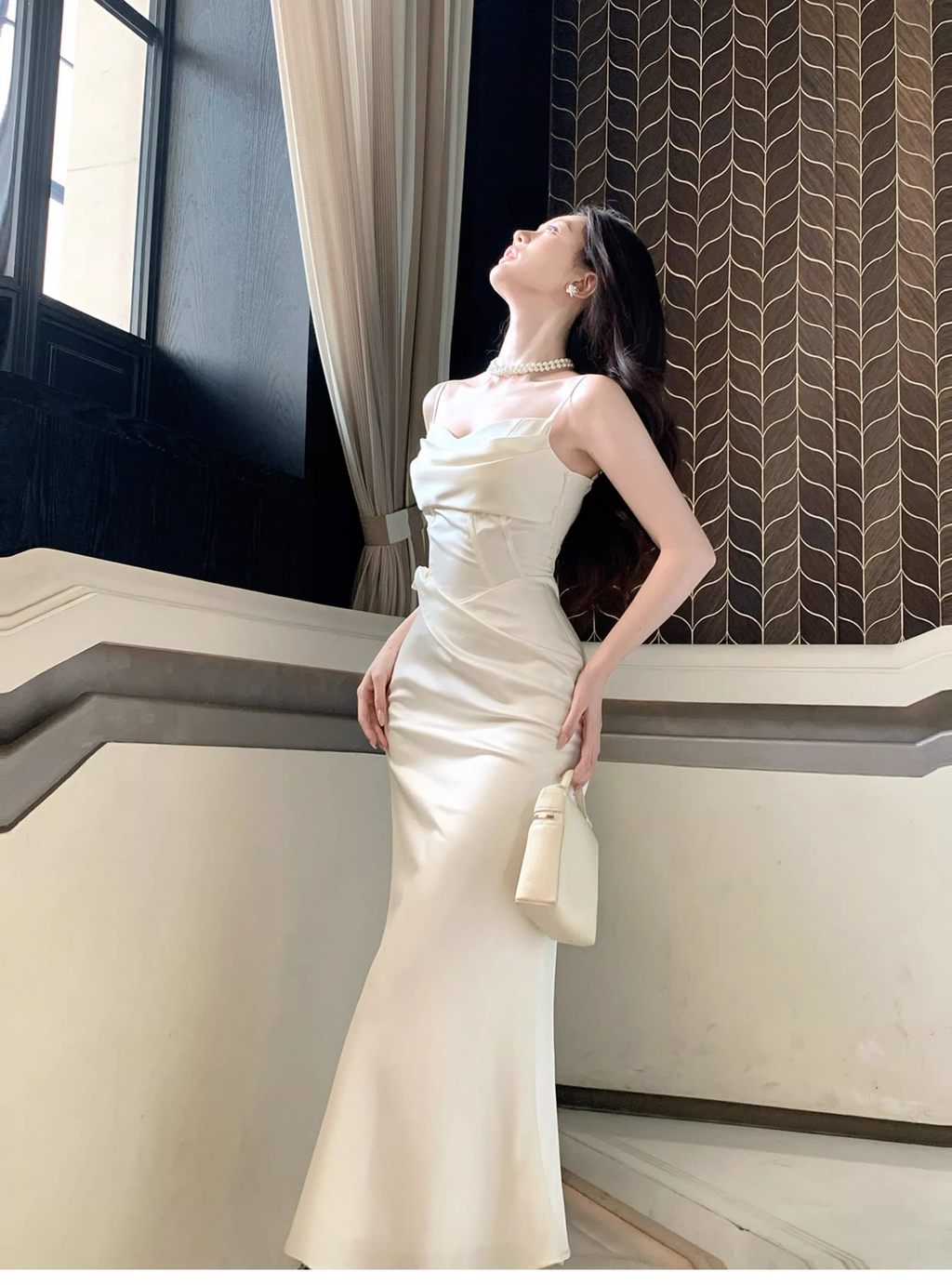Classy Spaghetti Straps Satin Mermaid Long Wedding Guest Dress Light Apricot Party Dress SP1498