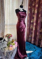 Elegant Burgundy Strapless Satin Pleated Mermaid Long Evening Dress Prom Dresses SP1621