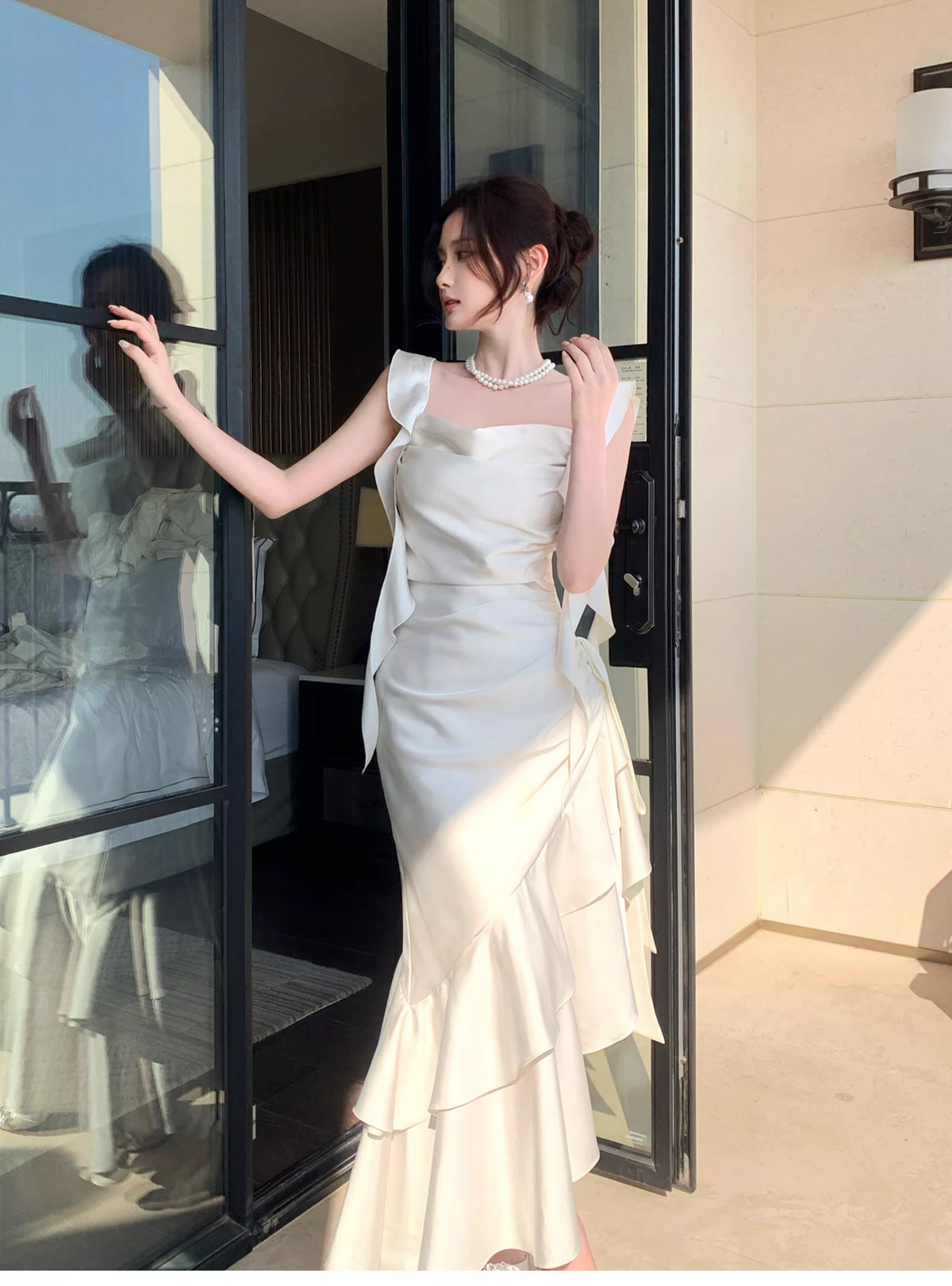 Elegant White Satin Ruffles Layered Mermaid Long Party Dress Prom Gown Formal Wedding Guest Dress SP1499