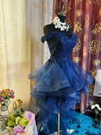 Vintage Off The Shoulder Navy Blue Tulle Appliques Short Homecoming Dress Birthday Outfits SP79