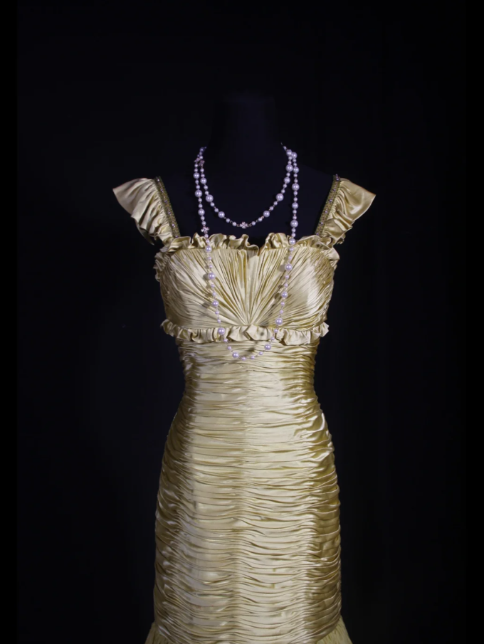 Chic Yellow-Green Satin Pleated Mermaid Long Party Dress Evening Gown