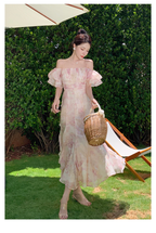 Long Dress Women French Romantic Popular Floral Bubble Sleeve Boat Neck Sling Beach Holiday Summer Dresses,Charming Prom Dress Y1856