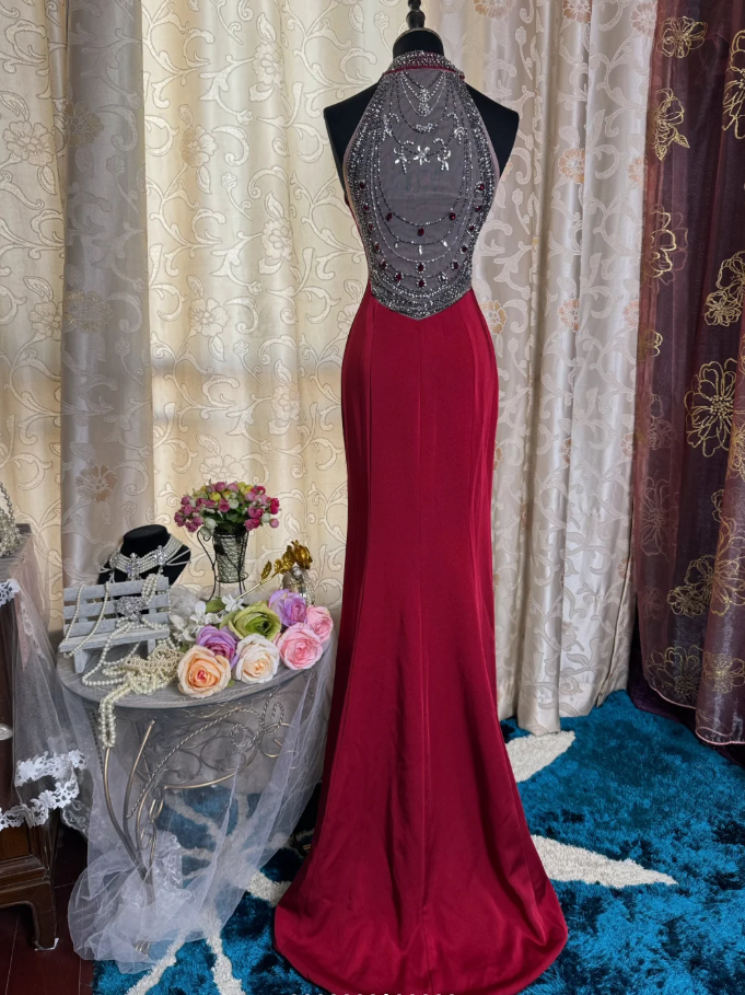 Classy Red Halter Satin Beaded Slit Evening Dress Long Mermaid Prom Gowns SP1617