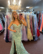 Elegant Green Tulle Applique Beaded Slit Prom Dress Long Mermaid Party Gown SP1320