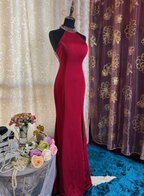 Classy Red Halter Satin Beaded Slit Evening Dress Long Mermaid Prom Gowns SP1617