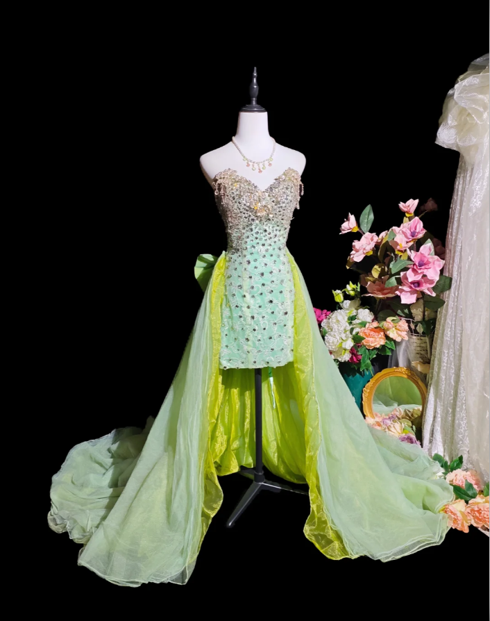 Unique Green Strapless Satin Tulle Beaded Long Birthday Party Dress Prom Gown