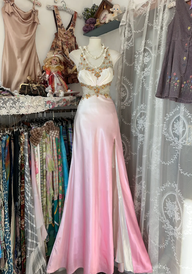Pretty Ombre Pink Halter Satin Beaded Mermaid Long Birthday Party Dress Evening Gown