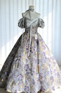 Charming Purple Satin Print Floral Ball Gown Off The Shoulder Formal Quinceanera Dress SP1634