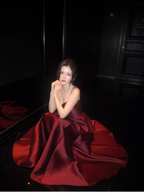 Elegant Burgundy Spaghetti Straps Satin A Line Long Party Dress Formal Wedding Guest Dress SP1493