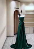Classy One Shoulder Emerald Green Satin Pleated Mermaid Long Evening Dress Party Gown With 3D Flowers