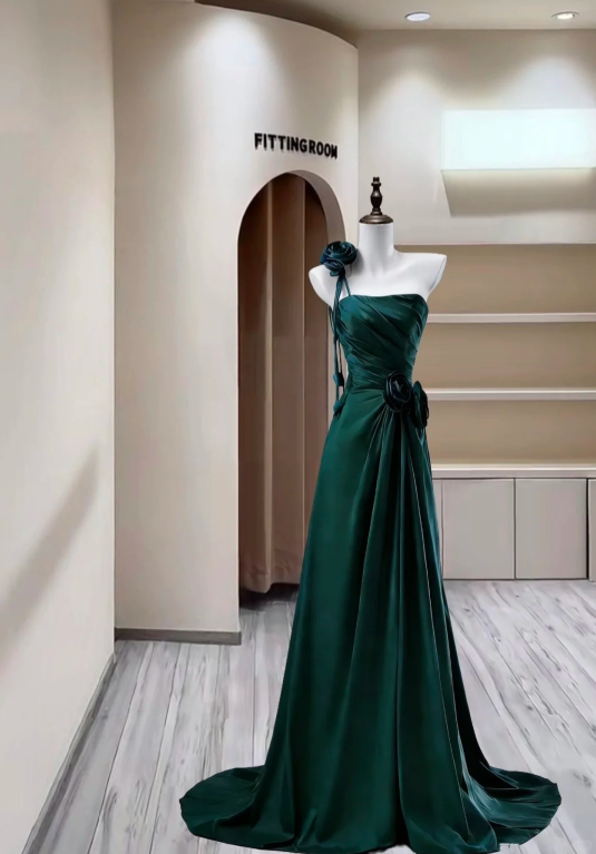 Classy One Shoulder Emerald Green Satin Pleated Mermaid Long Evening Dress Party Gown With 3D Flowers