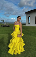 Fashion Yellow Strapless Satin Layered A Line Long Wedding Guest Dress Formal Evening Gown