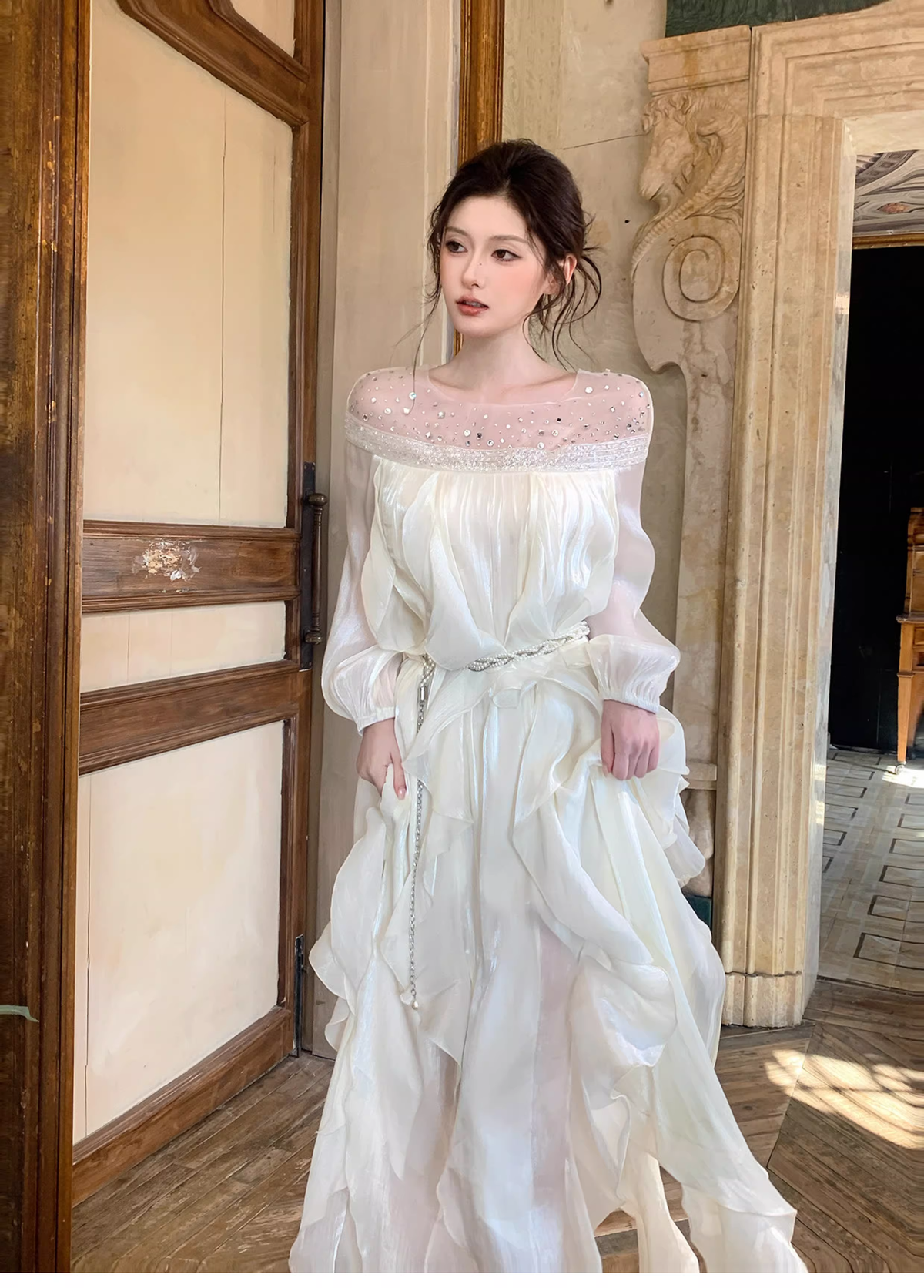 Shiny White Tulle Beaded Ruffles Long Evening Dress Birthday Outfits SP1650