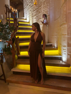 Sexy Halter Backless Brown A Line Slit Prom Dress ,Deep V Evening Dress Y8481