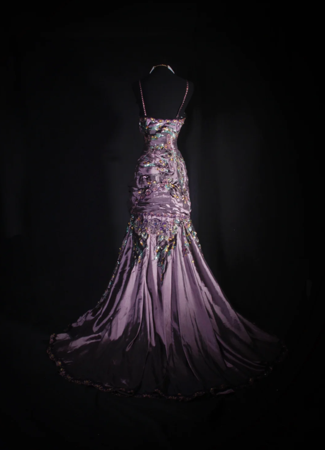 Charming Spaghetti Straps Satin Sequin Beaded Mermaid Evening Dress Purple Long Party Dress Prom Gown