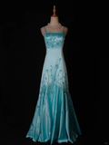 Stylish Spaghetti Straps Ombre Blue Satin Sequin Beaded Mermaid Long Evening Dress Party Gown