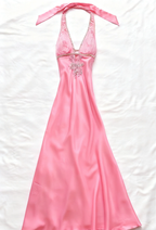 Stylish Halter Burgundy V Neck Satin Beaded Long Wedding Guest Dress Formal Party Gown