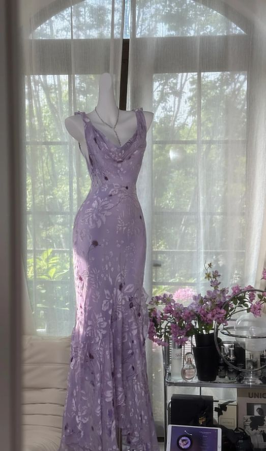 Classy Lavender Chiffon Print Floral Mermaid Long Evening Dress Formal Birthday Party Gown SP1570