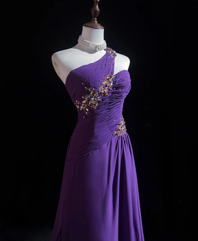 Classy One Shoulder Chiffon Pleated Beaded Mermaid Long Evening Dress Party Gown Purple Formal Wedding Guest Dress