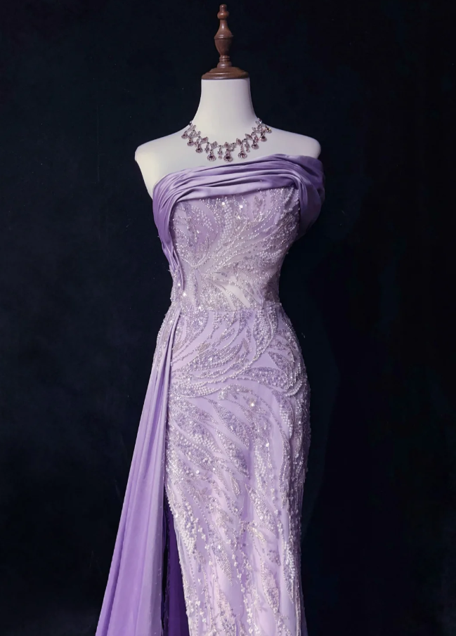 Glamorous  Strapless Lavender Tulle Satin Beaded Slit Mermaid Evening Dress Long Birthday Prom Gowns SP1965