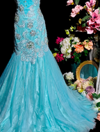 Charming Strapless Blue Tulle Appliques Beaded Mermaid Party Dress Long Birthday Evening Gown