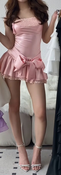 Pink Satin Lace Bow Short Birthday Outfits Formal 8th Grade Homecoming Dress Y9521