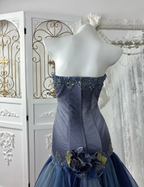 Shiny Strapless Navy Blue Tulle Sequin Beaded Mermaid Party Dress Long Wedding Guest Dress SP1442