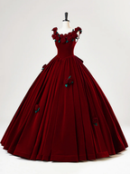 Beautiful Burgundy Velvet Quinceanera Dress Birthday Ball Gown With Rose Flowers Y7750
