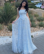 Charming Spaghetti Straps Blue Tulle Sequin Long Birthday Prom Dress Evening Gown SP1306