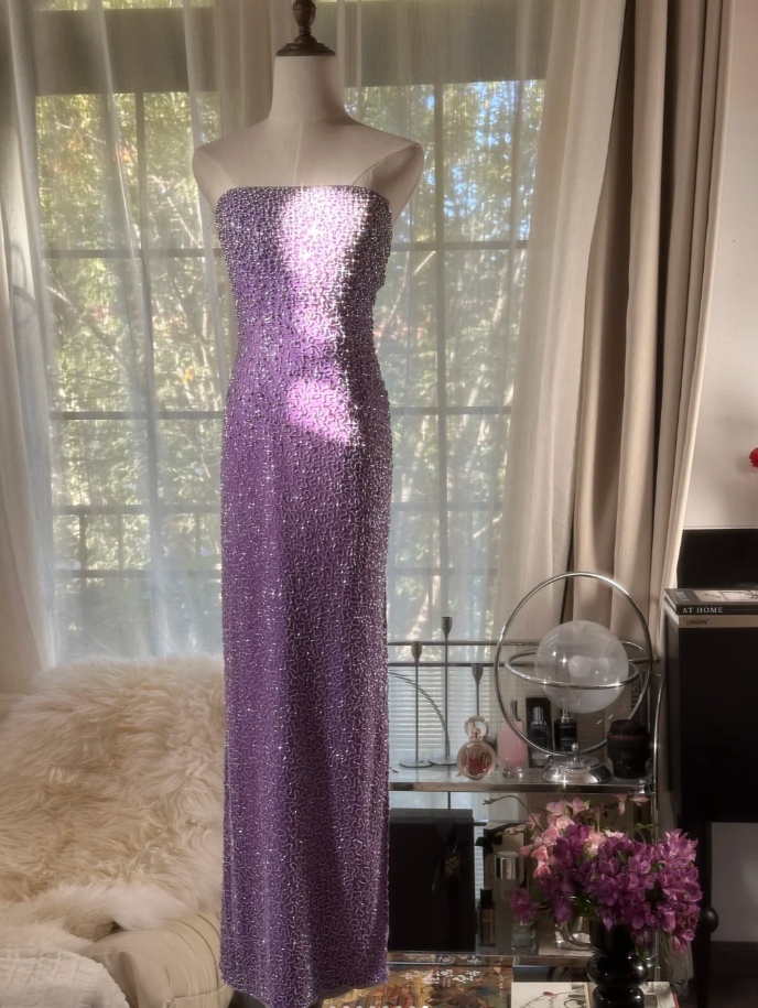 Glamorous Strapless Purple Chiffon Beaded Sheath Slit Prom Dress Long Party Gown