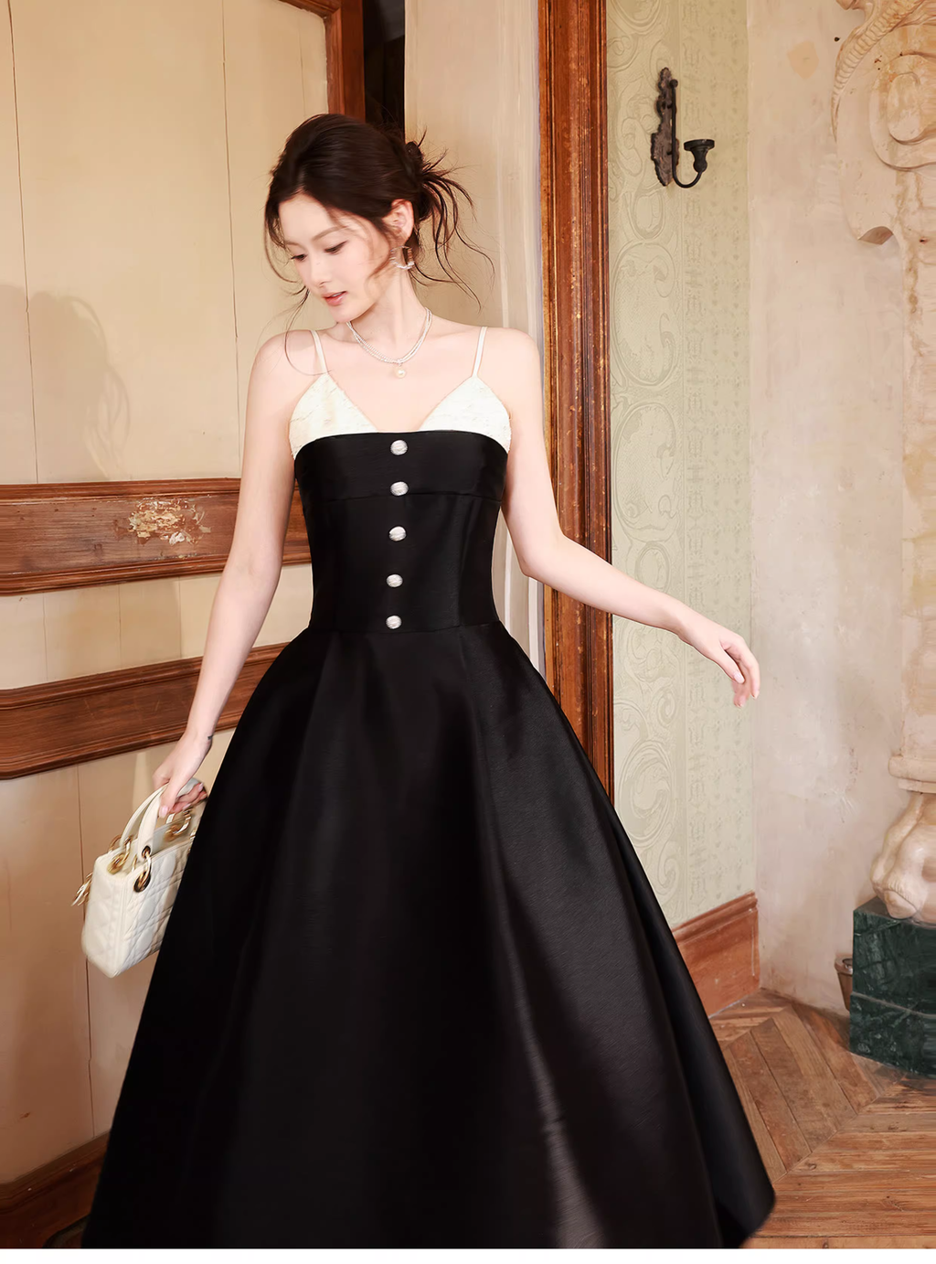 Pretty Spaghetti Straps V Neck Satin A Line Long Evening Dress Black Birthday Dress SP1655
