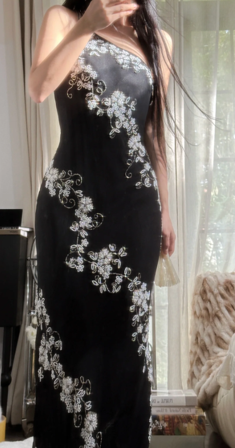 Classy One Shoulder Black Chiffon Beaded Mermaid Long Party Dress Evening Gown