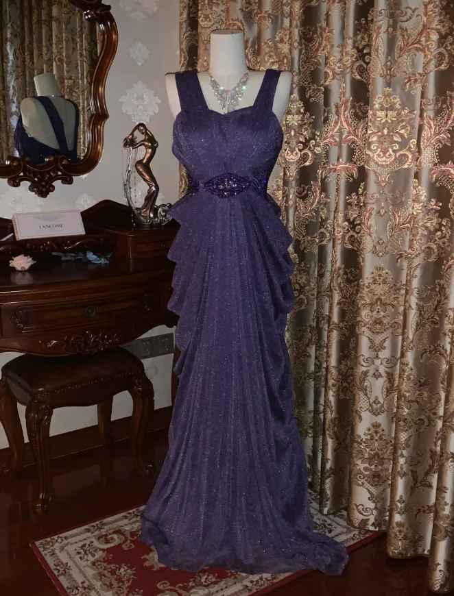 Sparkly Purple Tulle Sequin Beaded Pleated Mermaid Evening Dress Long Birthday Prom Gown